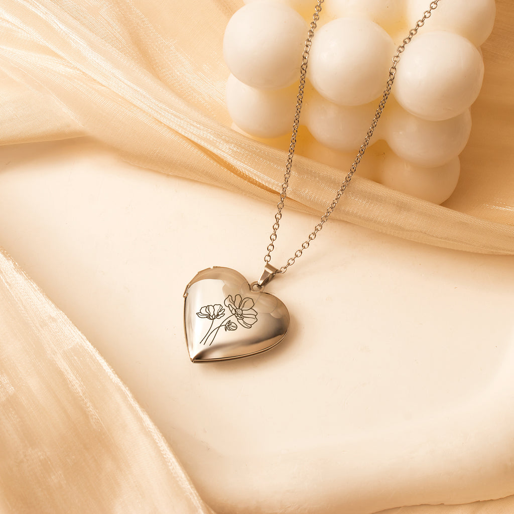 Personalized Birth Flower Heart Photo Locket
