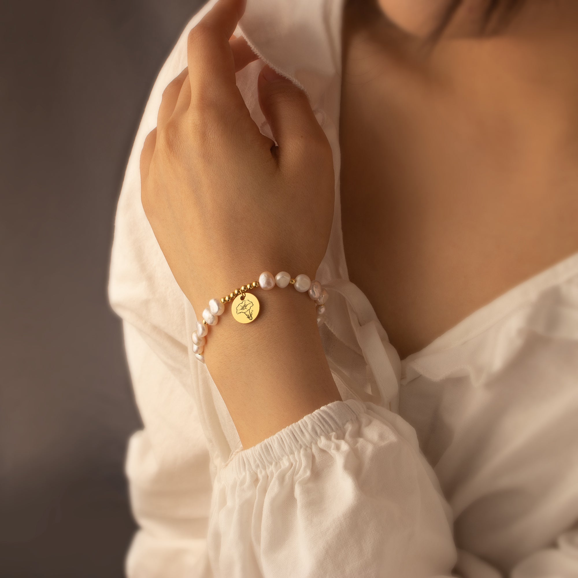 Personalized Birth Flower Charm Pearl Bracelet