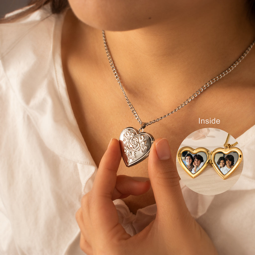 Rose Photo Heart Locket Necklace