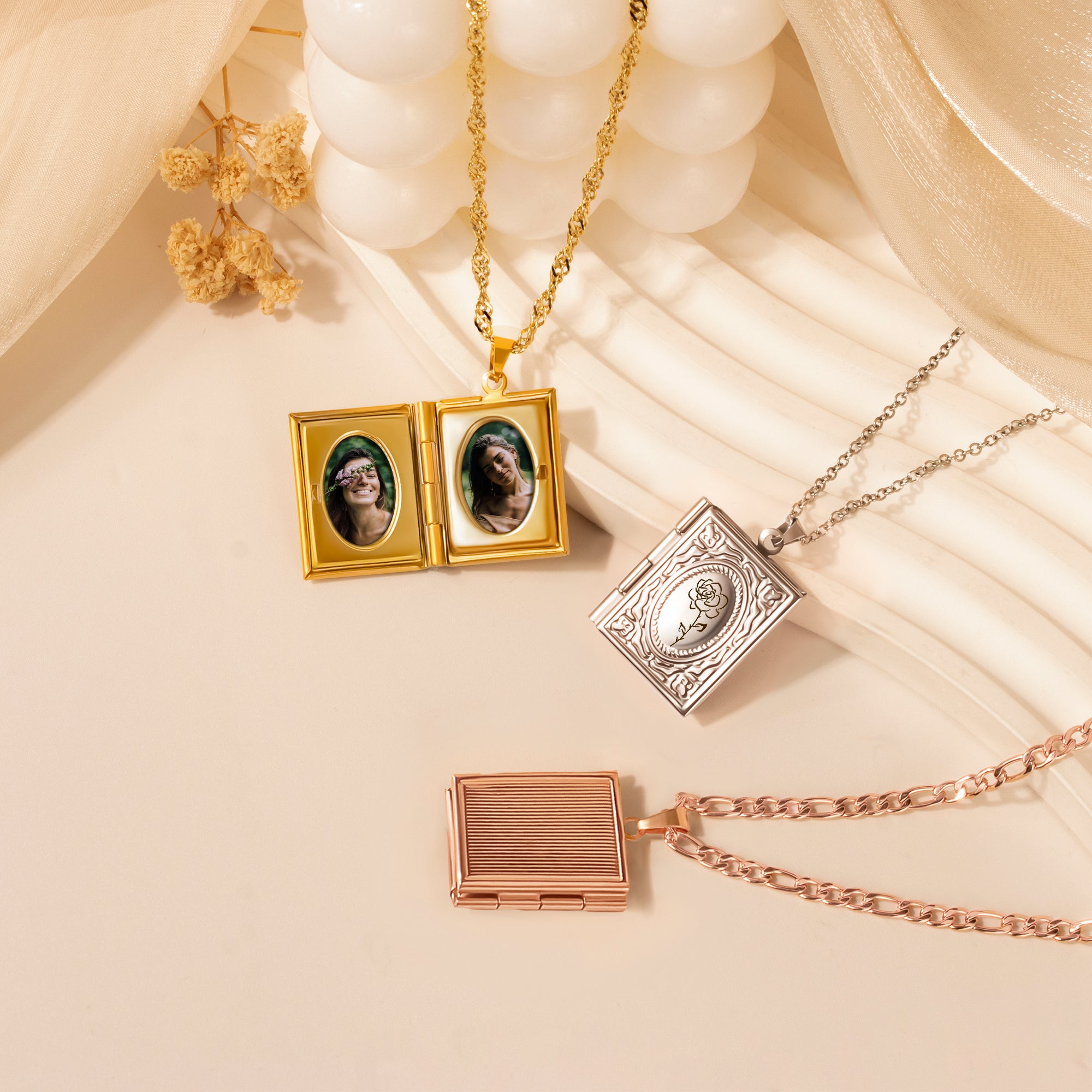 Birth Flower 18K Gold Vintage Square Locket Necklace