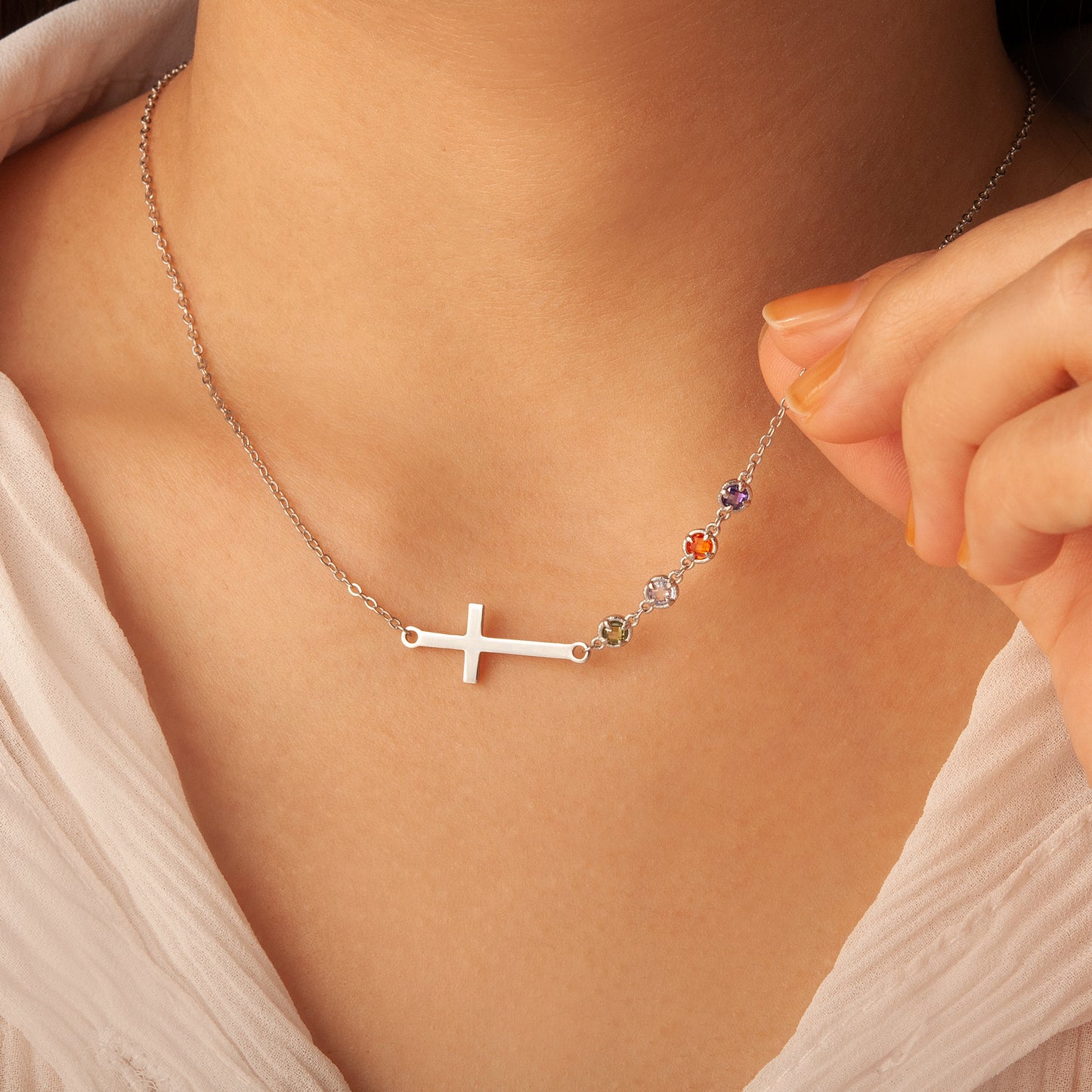 Cross with Multi - Birthstone Necklace