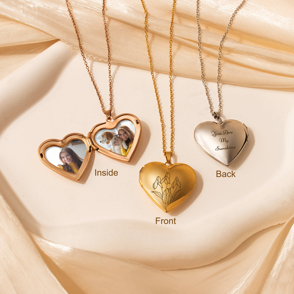 Personalized Birth Flower Heart Photo Locket
