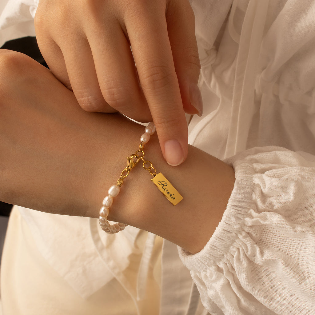 Personalized Square Charm Pearl Bracelet