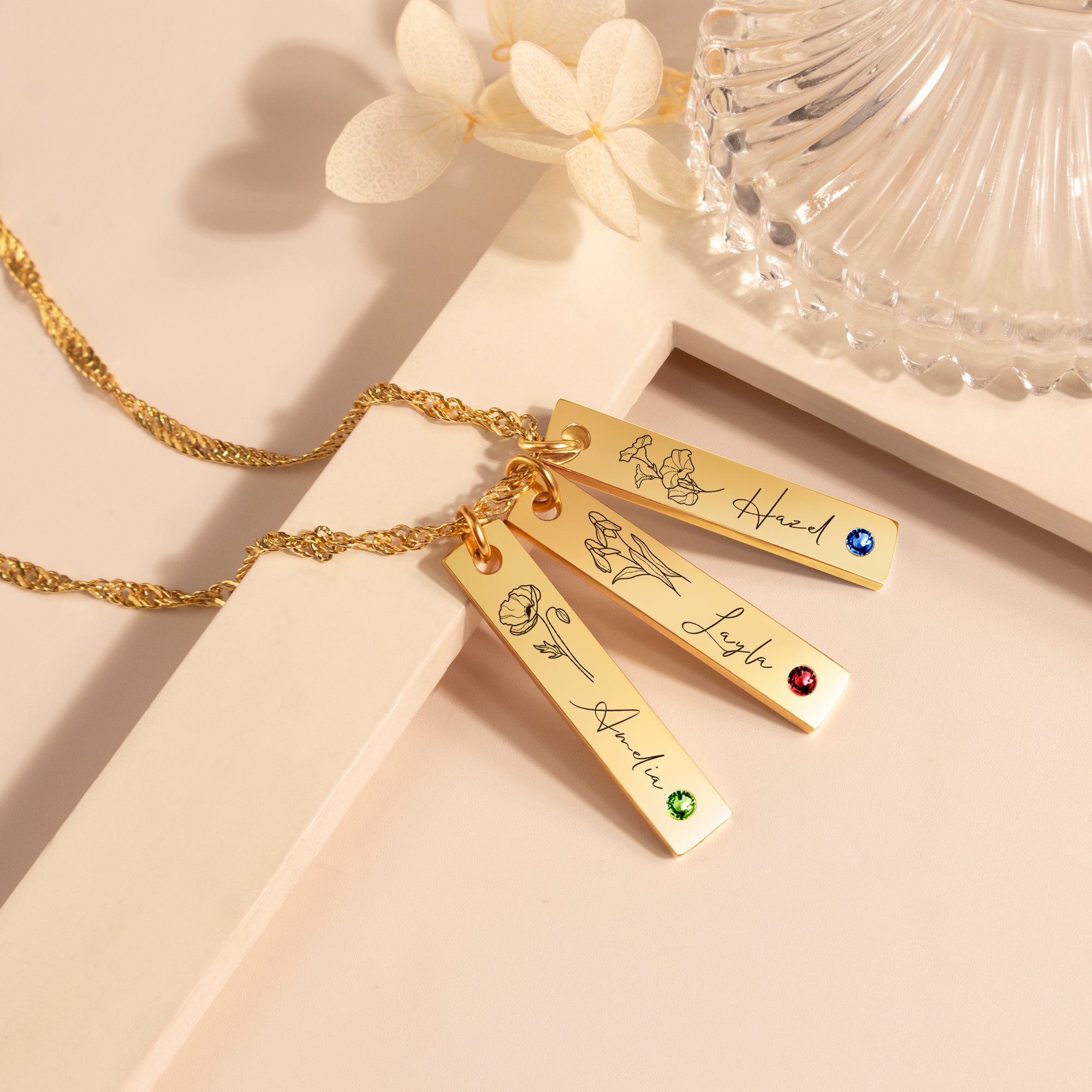 Flower and Name Vertical Bar Birthstone Necklace
