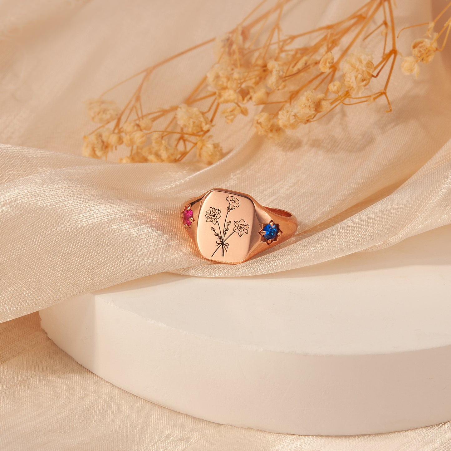 Personalized Birth Flower Birthstone Ring