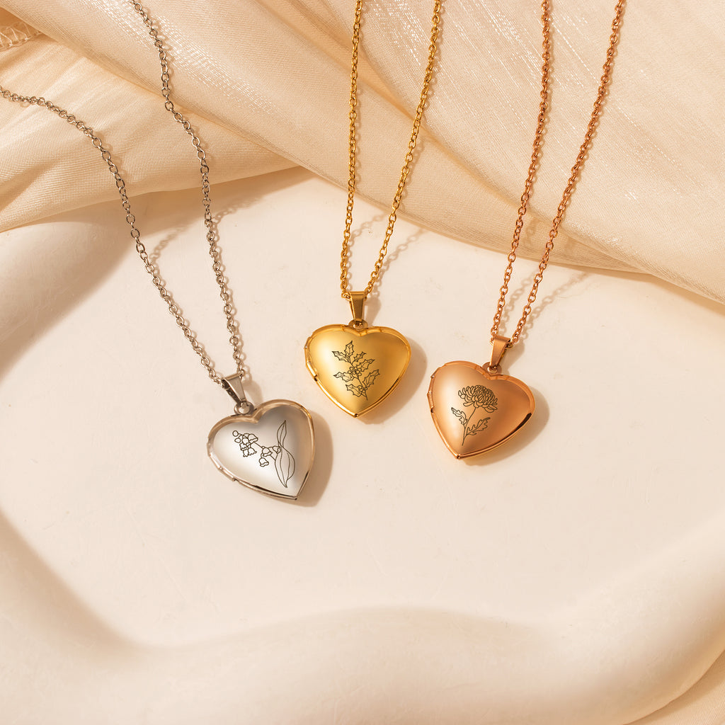 Personalized Birth Flower Heart Photo Locket