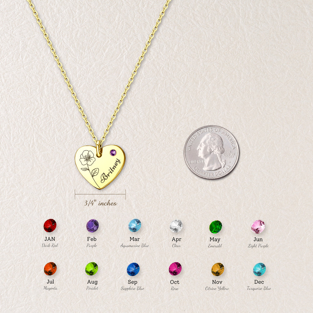 Flower and Name Birthstone Heart Necklace