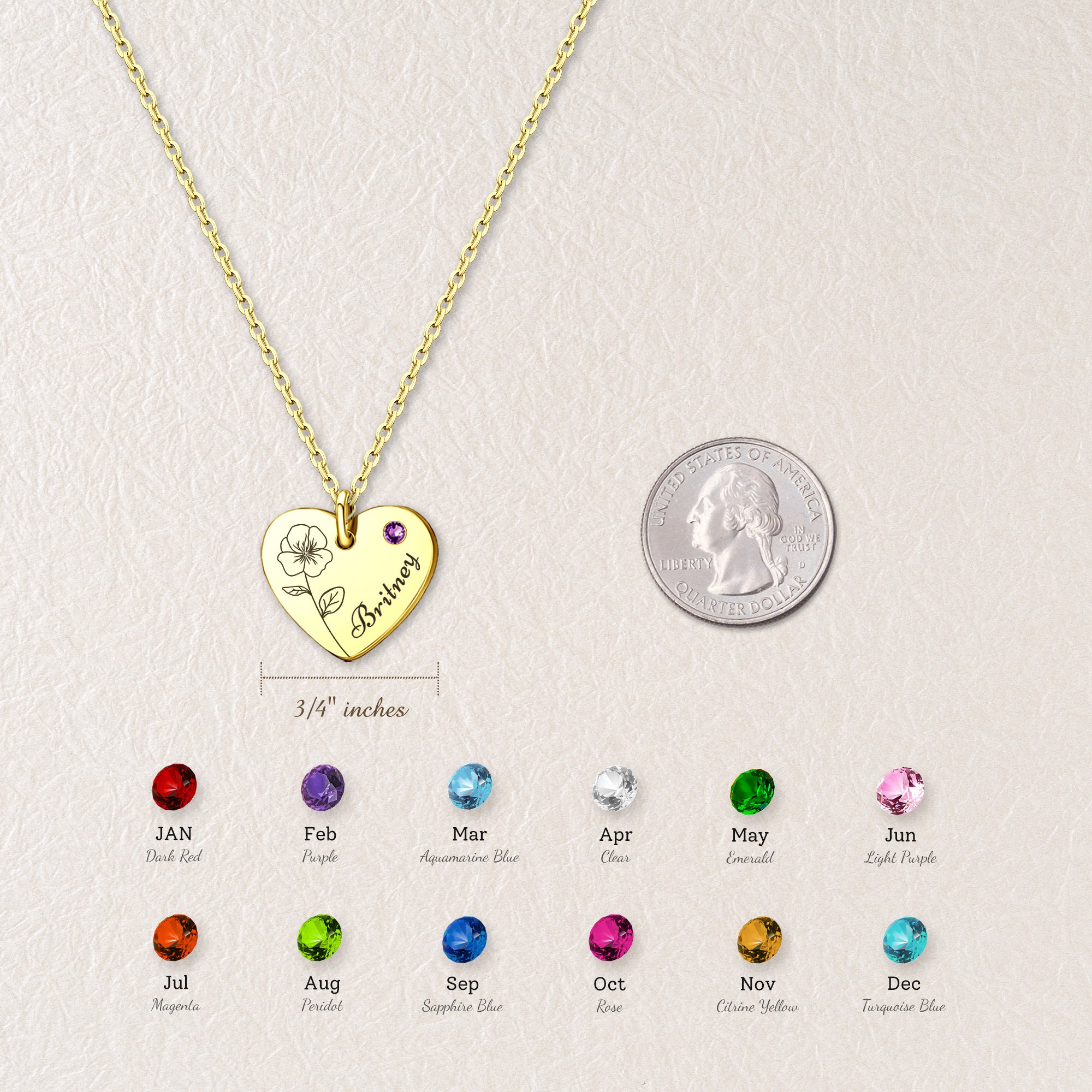 Flower and Name Birthstone Heart Necklace