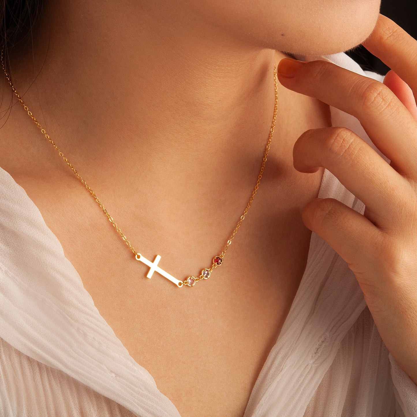 Cross with Multi - Birthstone Necklace