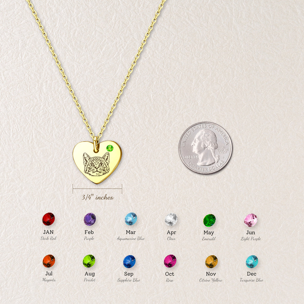 Pet Portrait Birthstone Heart Necklace