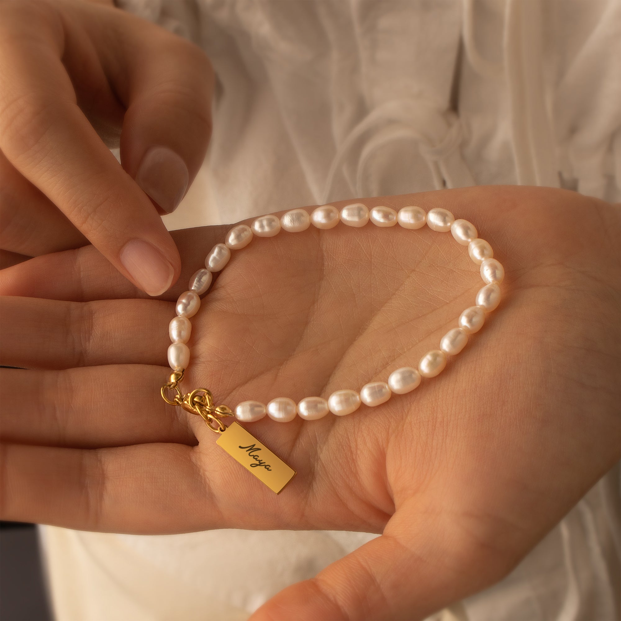 Personalized Square Charm Pearl Bracelet