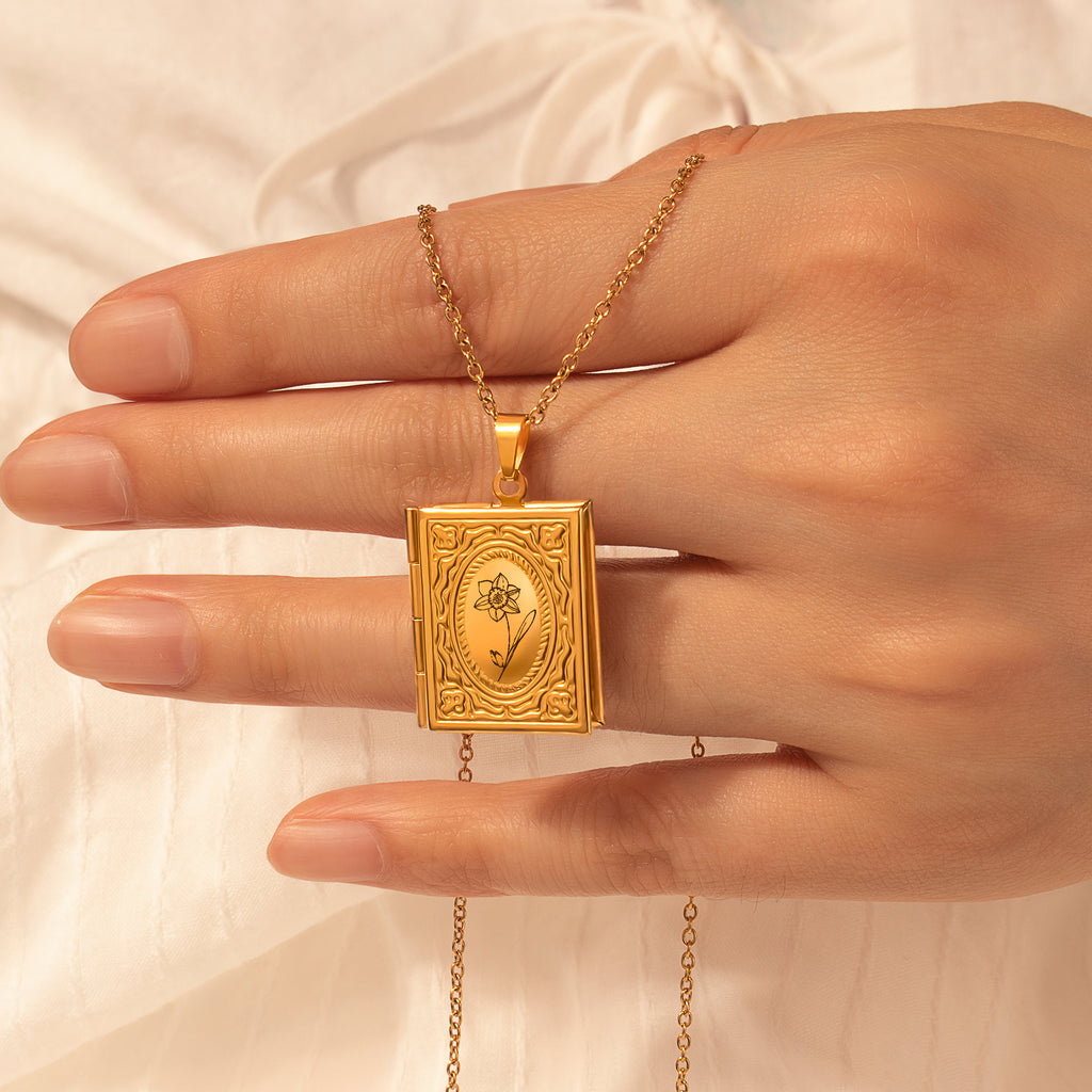 Birth Flower 18K Gold Vintage Square Locket Necklace