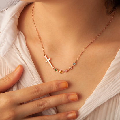 Cross with Multi - Birthstone Necklace