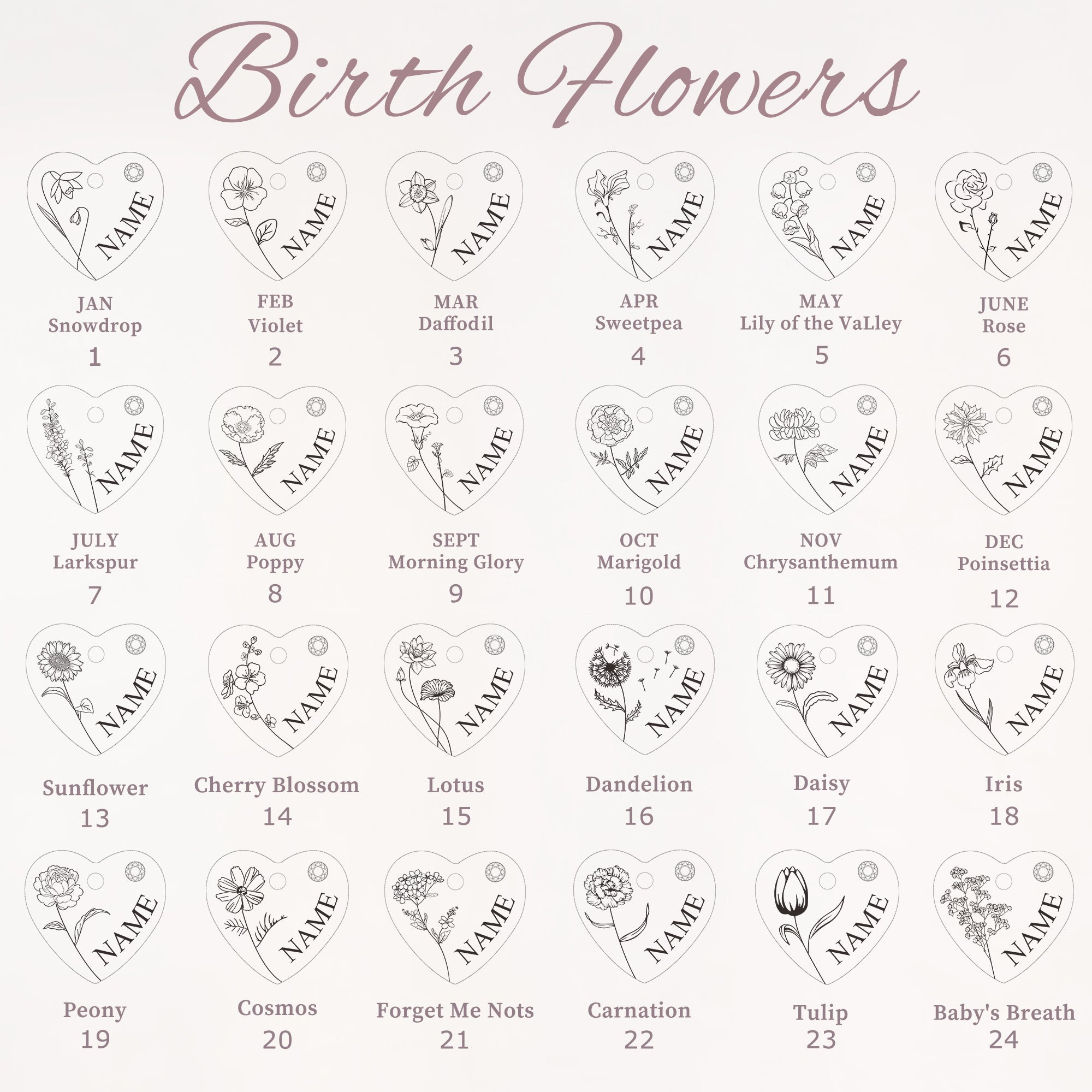 Flower and Name Birthstone Heart Necklace