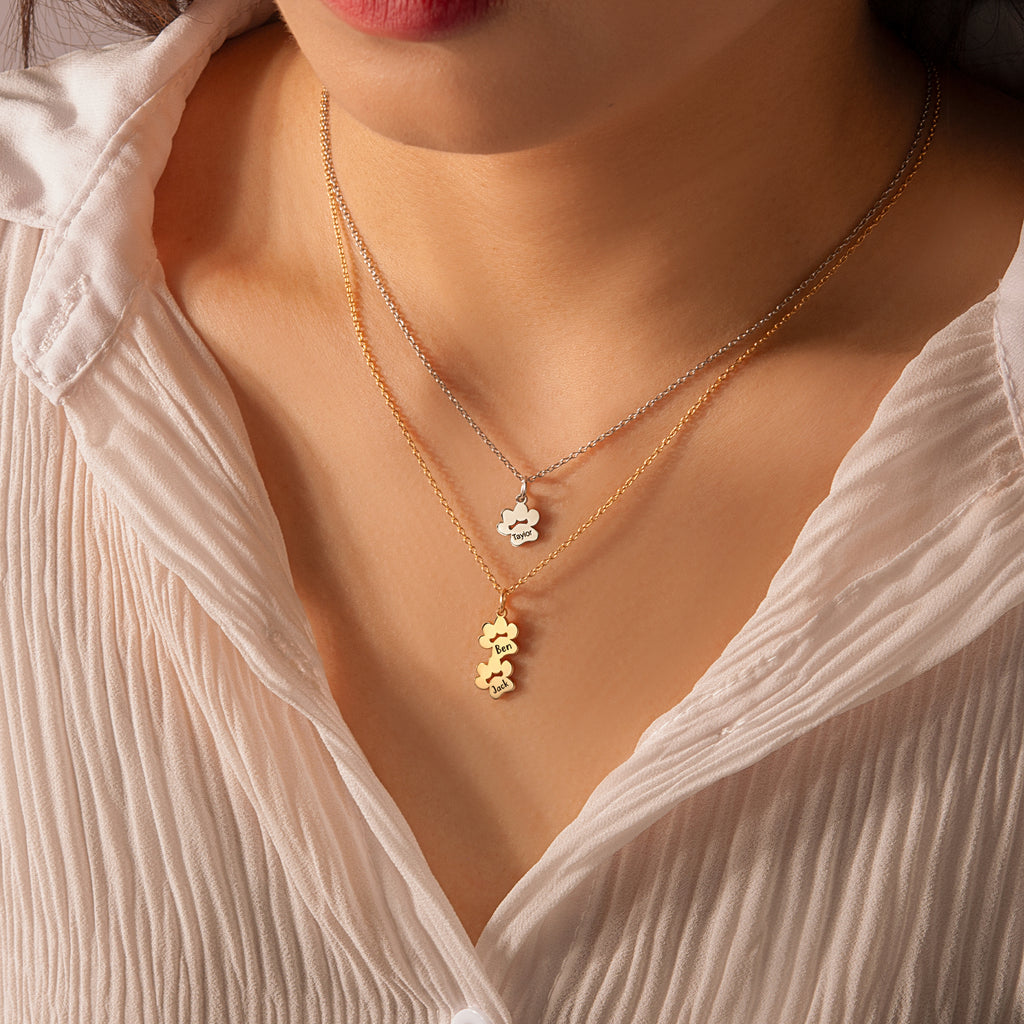 Vertical Paw Print Name Necklace
