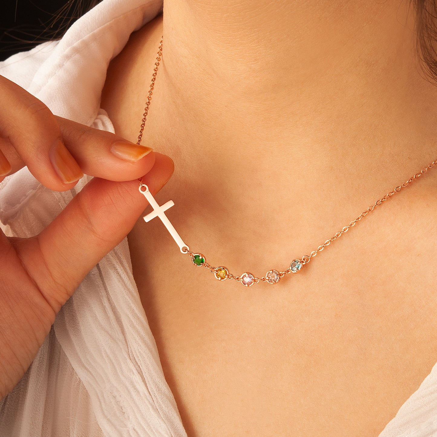 Cross with Multi - Birthstone Necklace