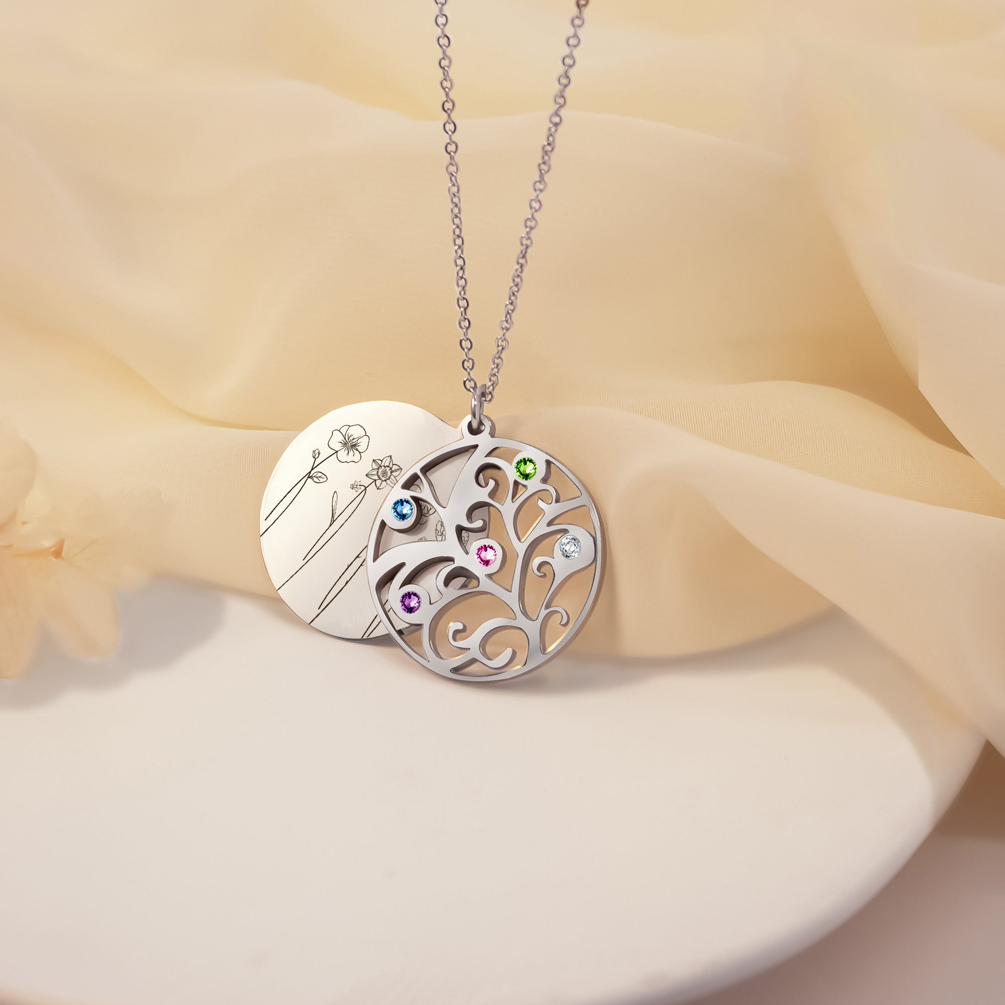 2-4 Flowers Birthstone Tree of Life Necklace