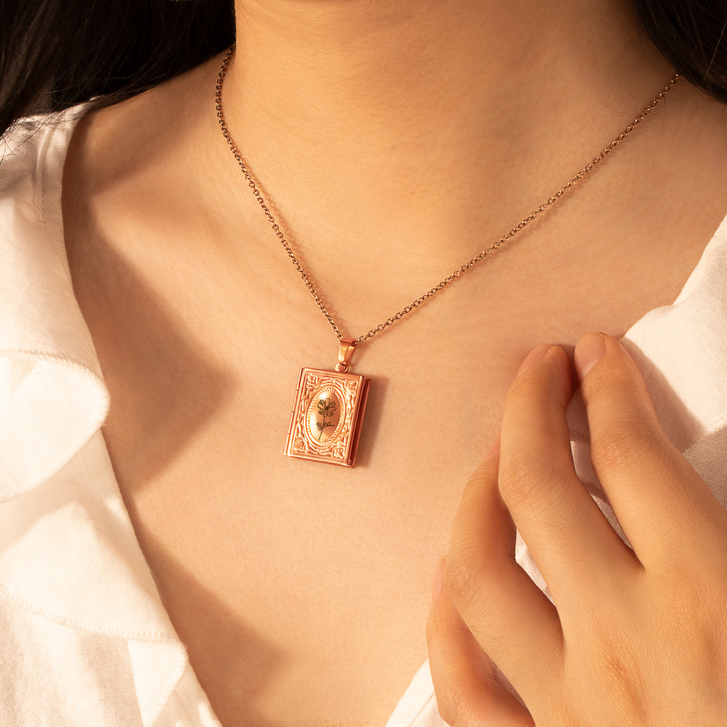 Birth Flower 18K Gold Vintage Square Locket Necklace