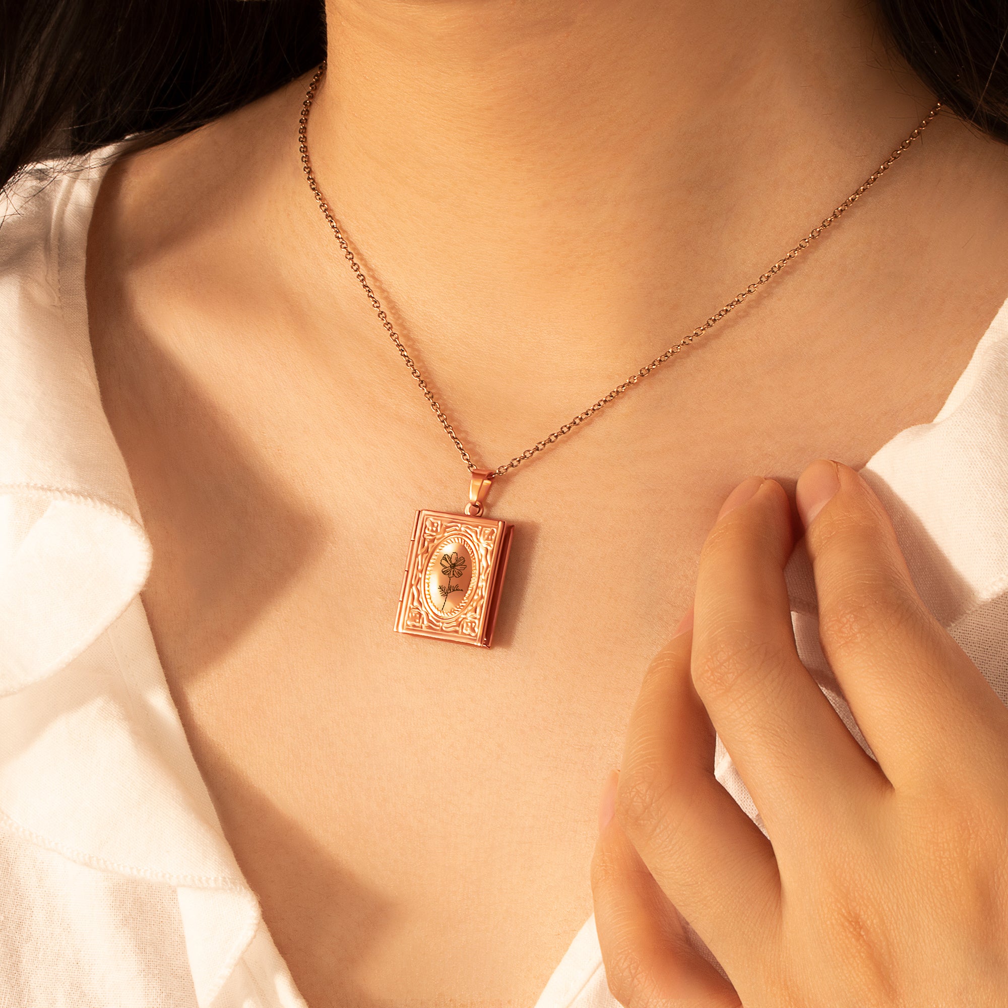 Birth Flower 18K Gold Vintage Square Locket Necklace