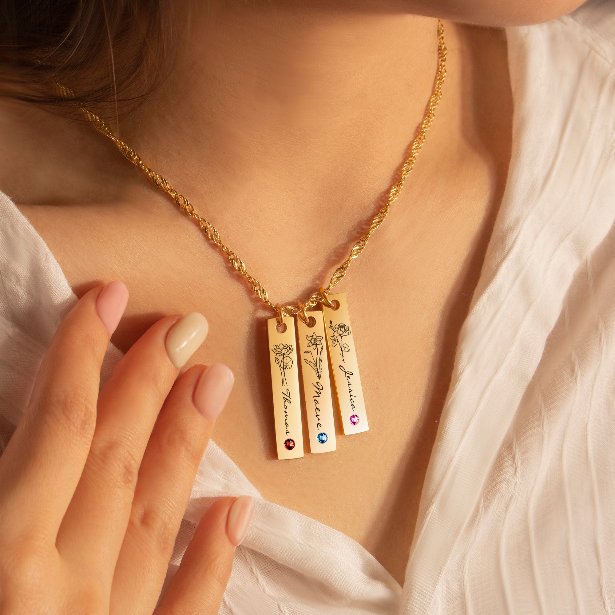 Flower and Name Vertical Bar Birthstone Necklace