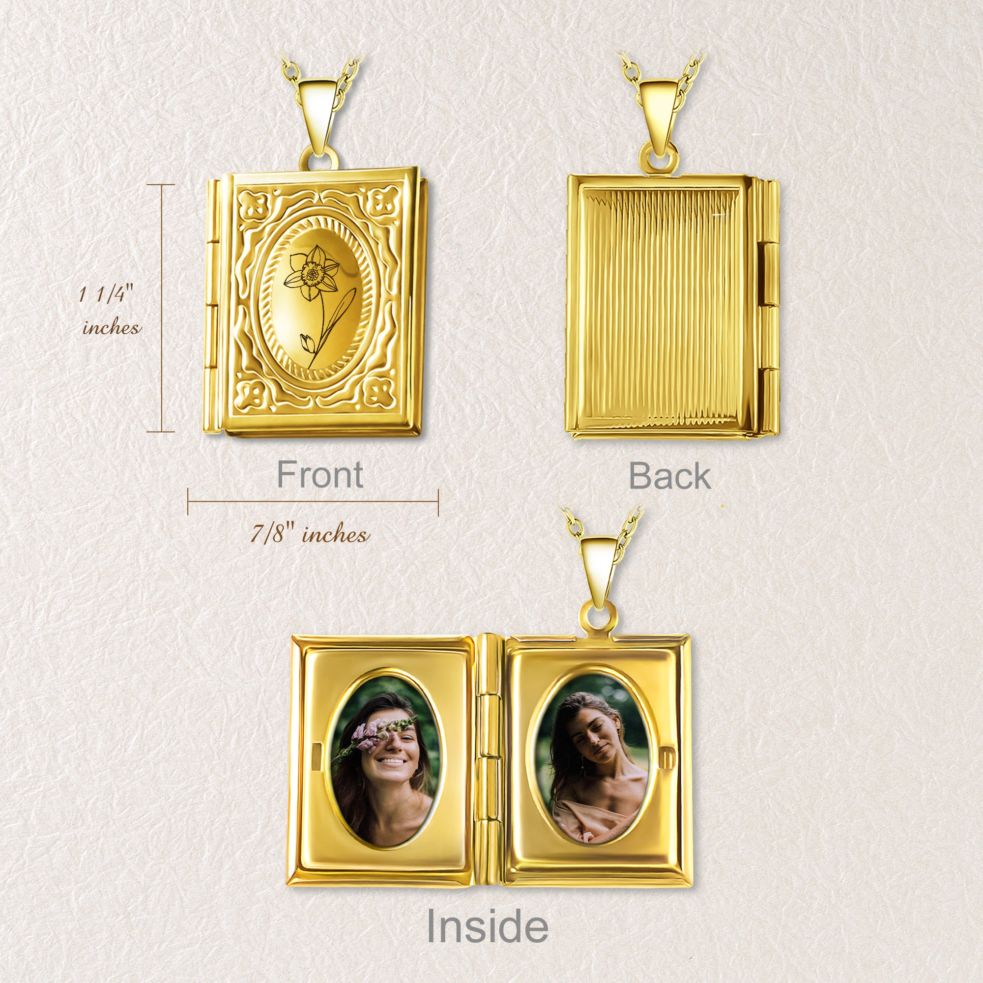 Birth Flower 18K Gold Vintage Square Locket Necklace