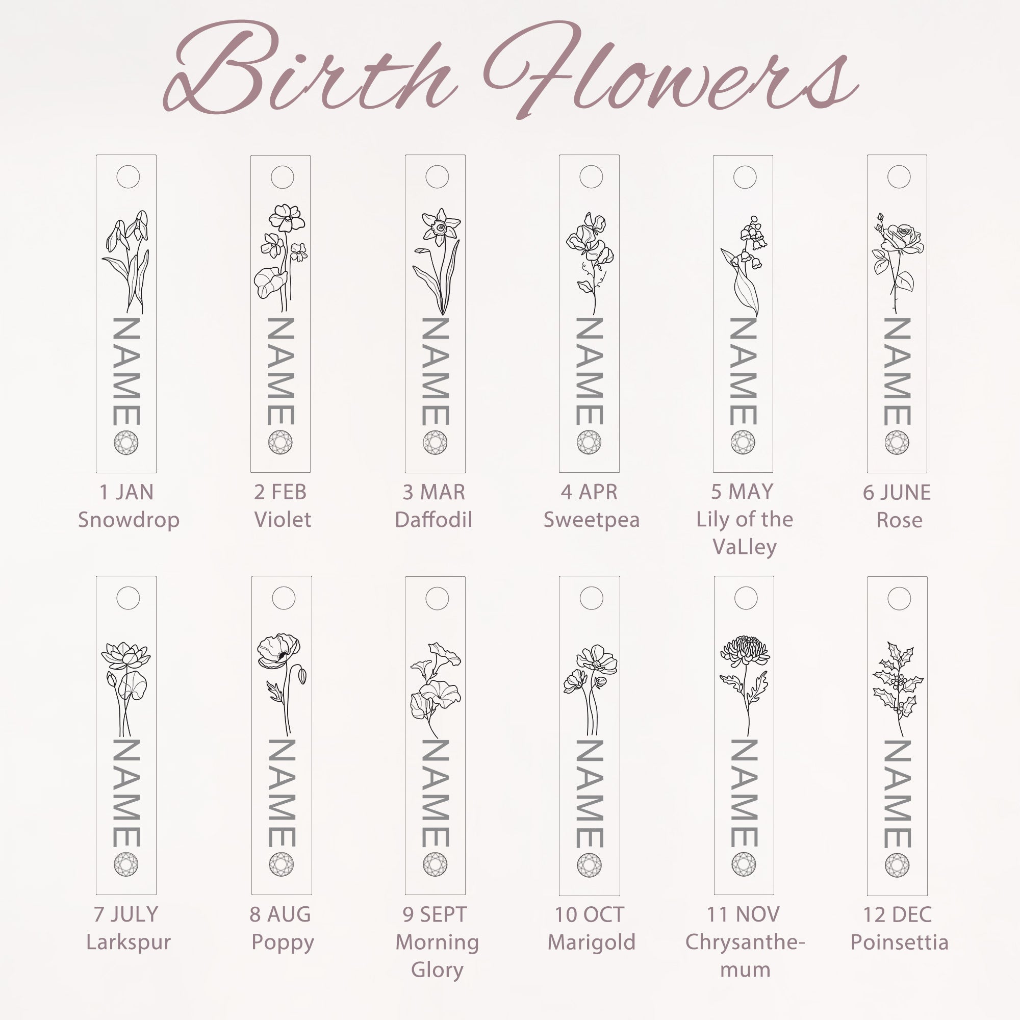 Flower and Name Vertical Bar Birthstone Necklace