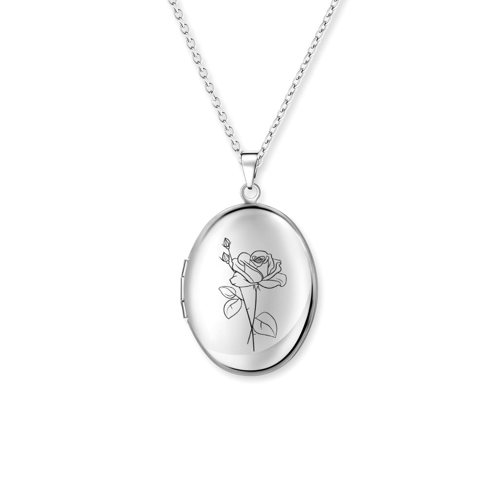 Oval Birth Flower Photo Locket Necklace