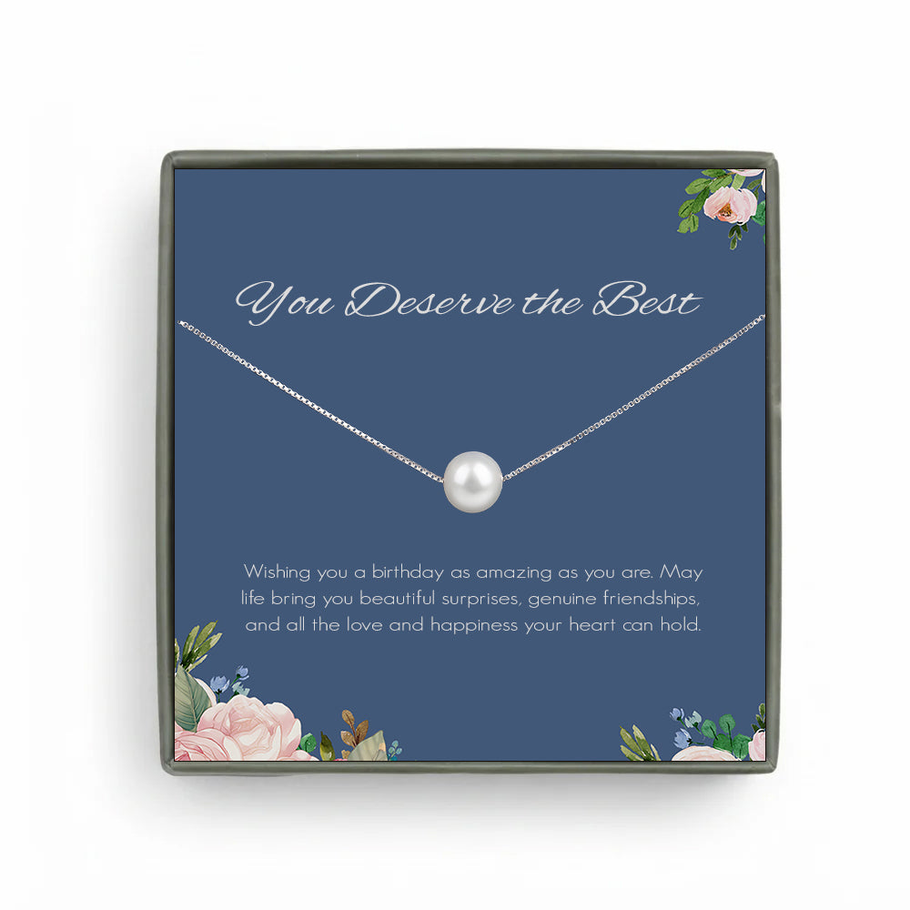 Custom Pearl Necklace with Blue Floral Card Necklace