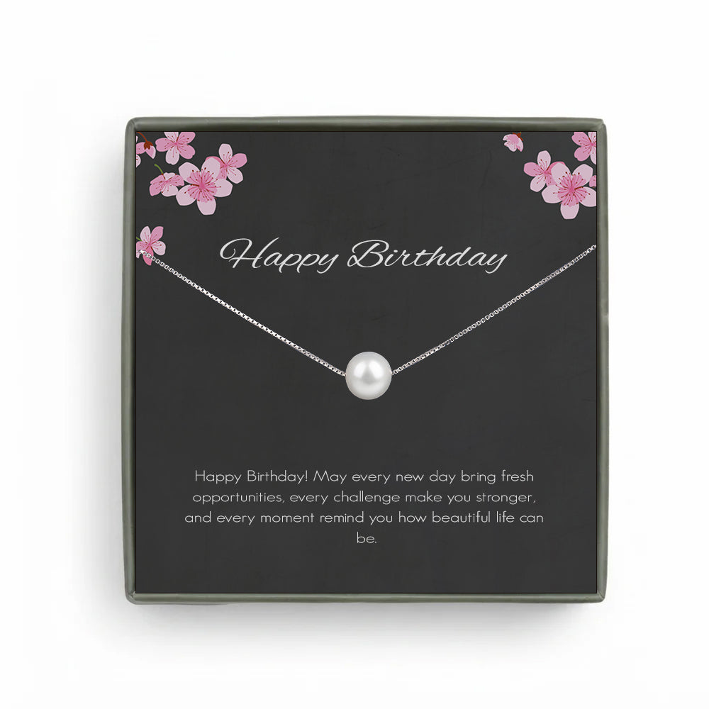 Custom Pearl Necklace with Grey Floral Card Necklace