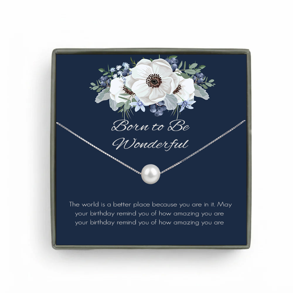 Custom Pearl Necklace with Blue Floral Card Necklace