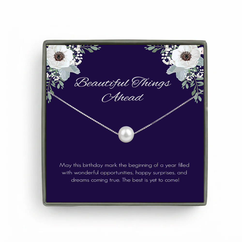 Custom Pearl Necklace with Purple Floral Card Necklace