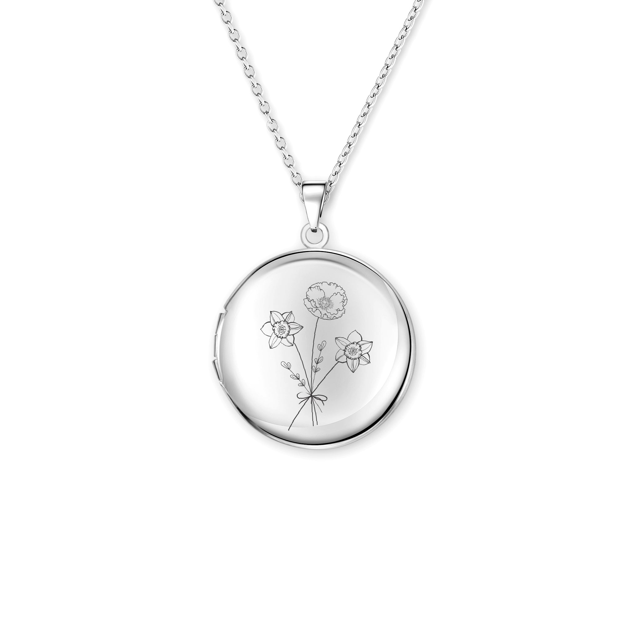 Round Birth Flower Bouquet Photo Locket Necklace