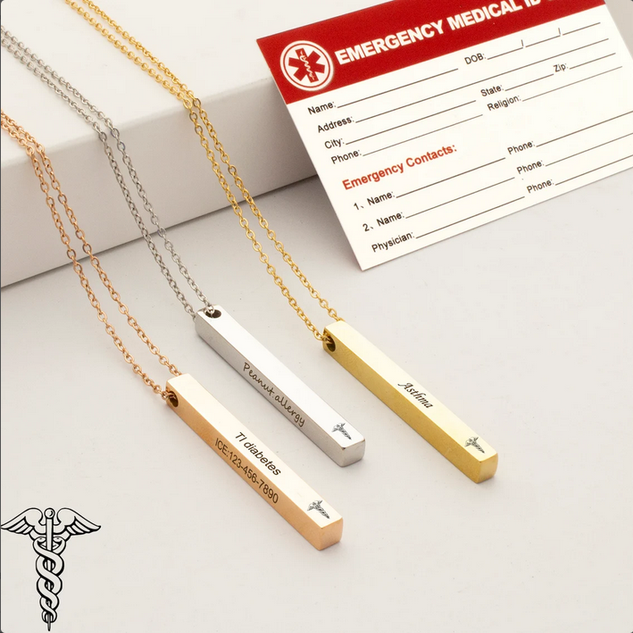 Medical Alert ID 4-Sided Bar Necklace