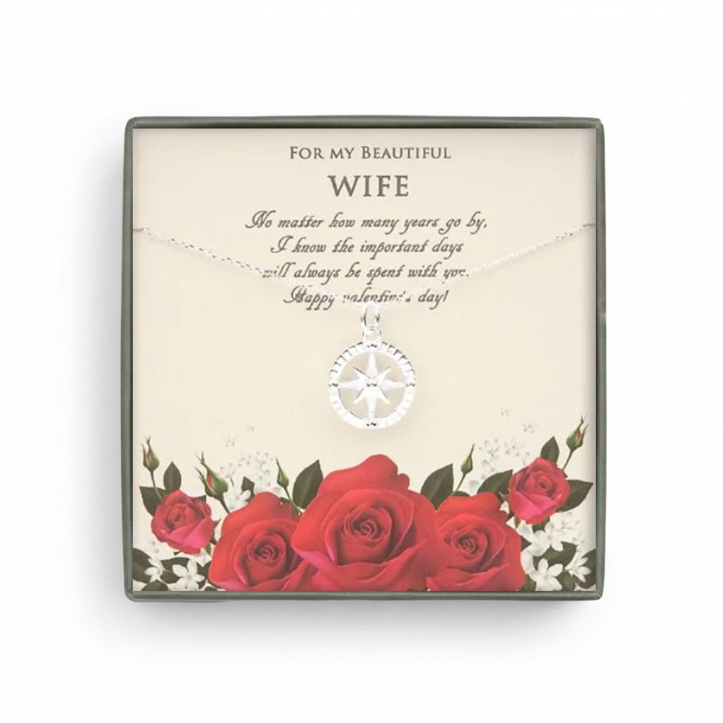 "For my Beautiful Wife" Valentine's Day Card and Compass Necklace