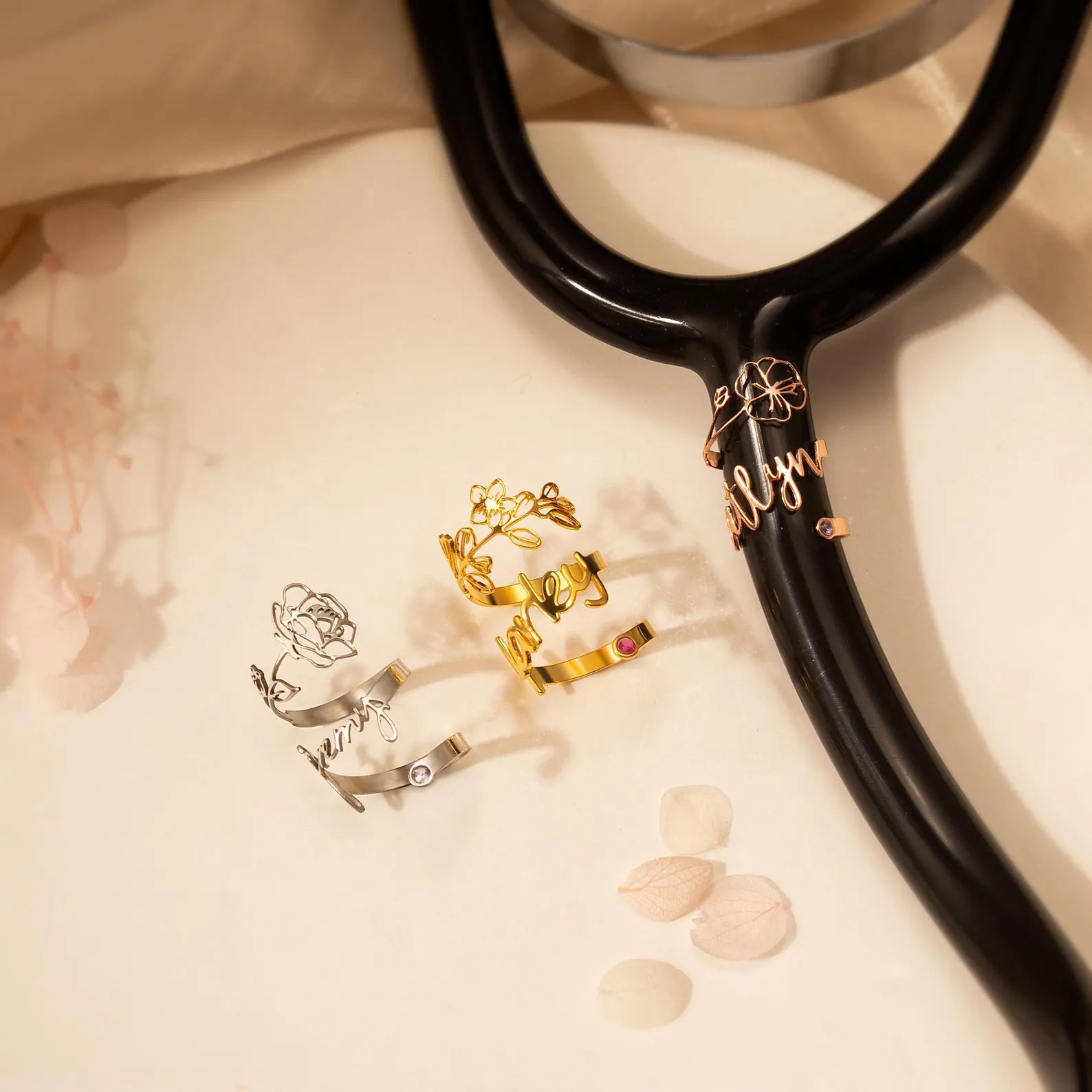 Custom Stethoscope Name Tag with Birth Flower with Birthstone