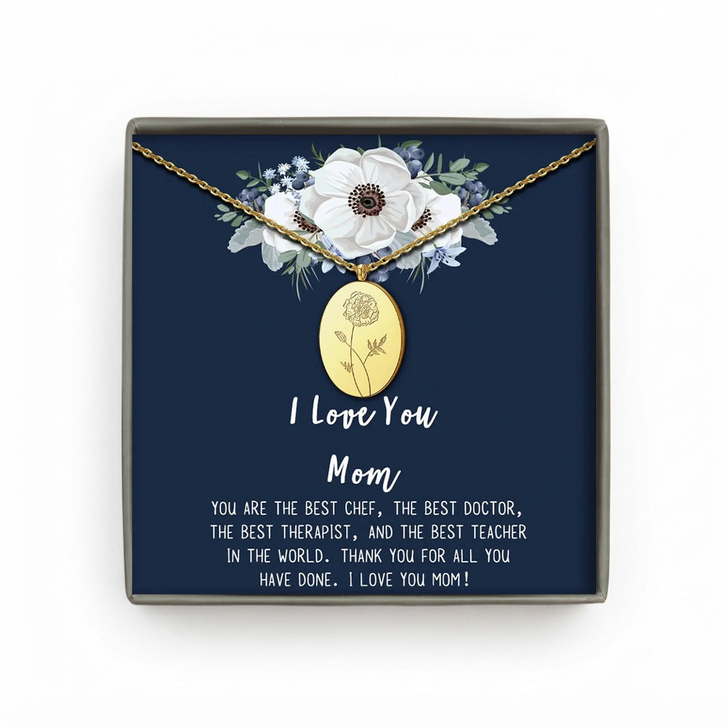 "I Love You Mom" Oval Birth Flower Necklace
