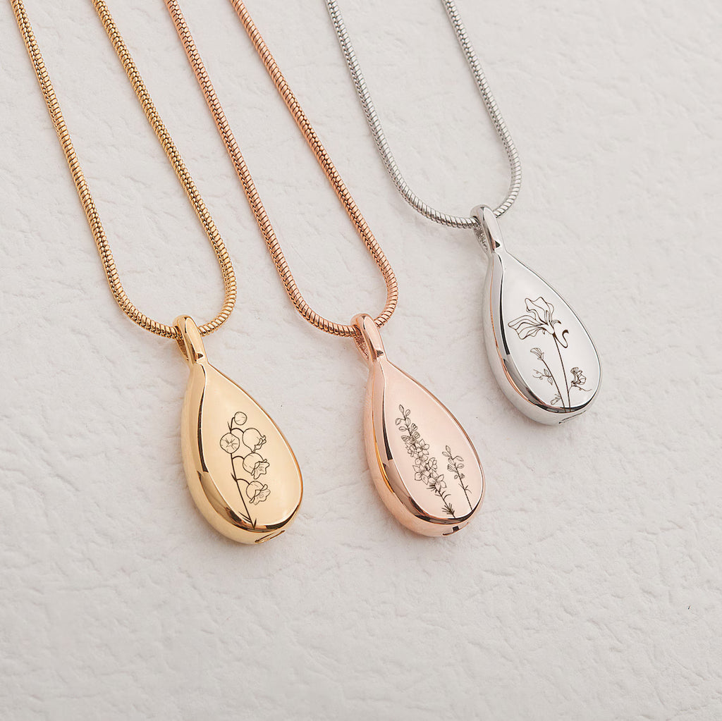 Birth Flower Teardrop Memorial Necklace