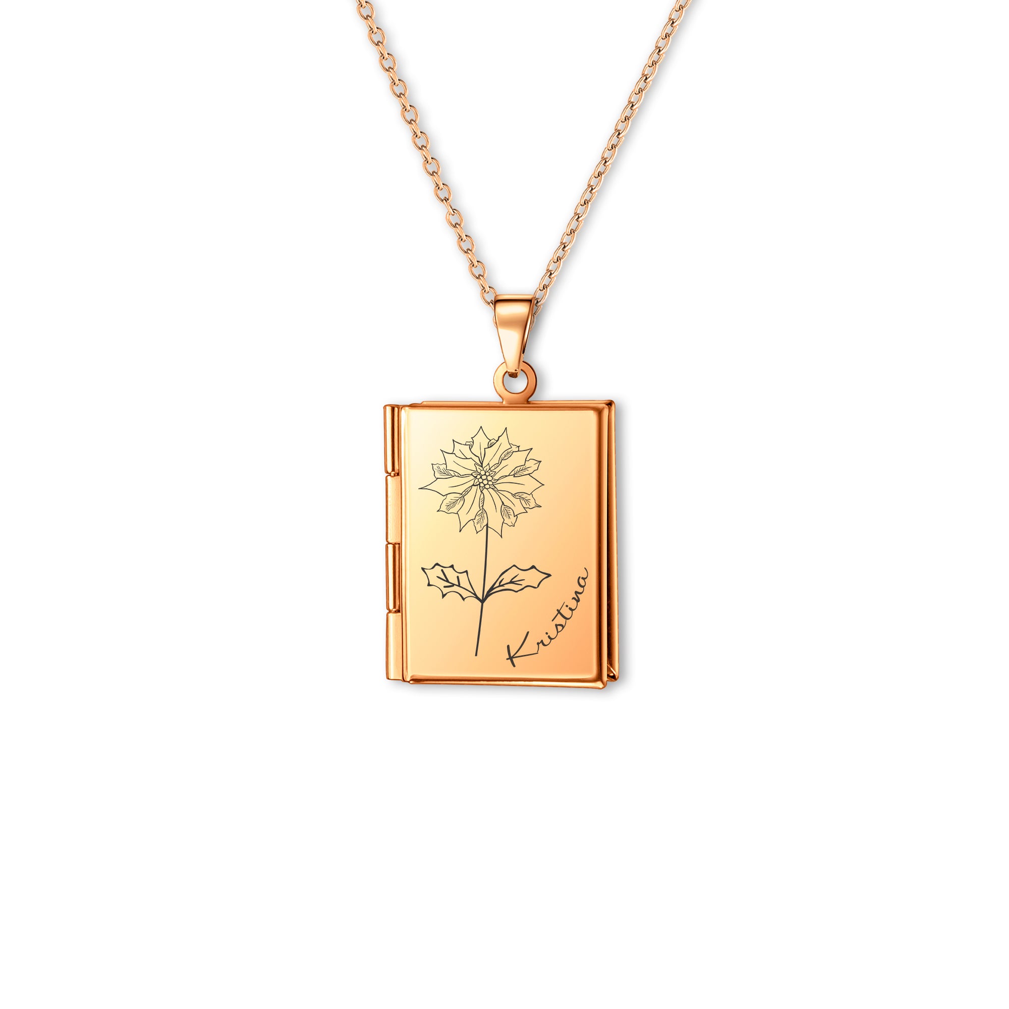 Square Birth Flower and Name Photo Locket Necklace