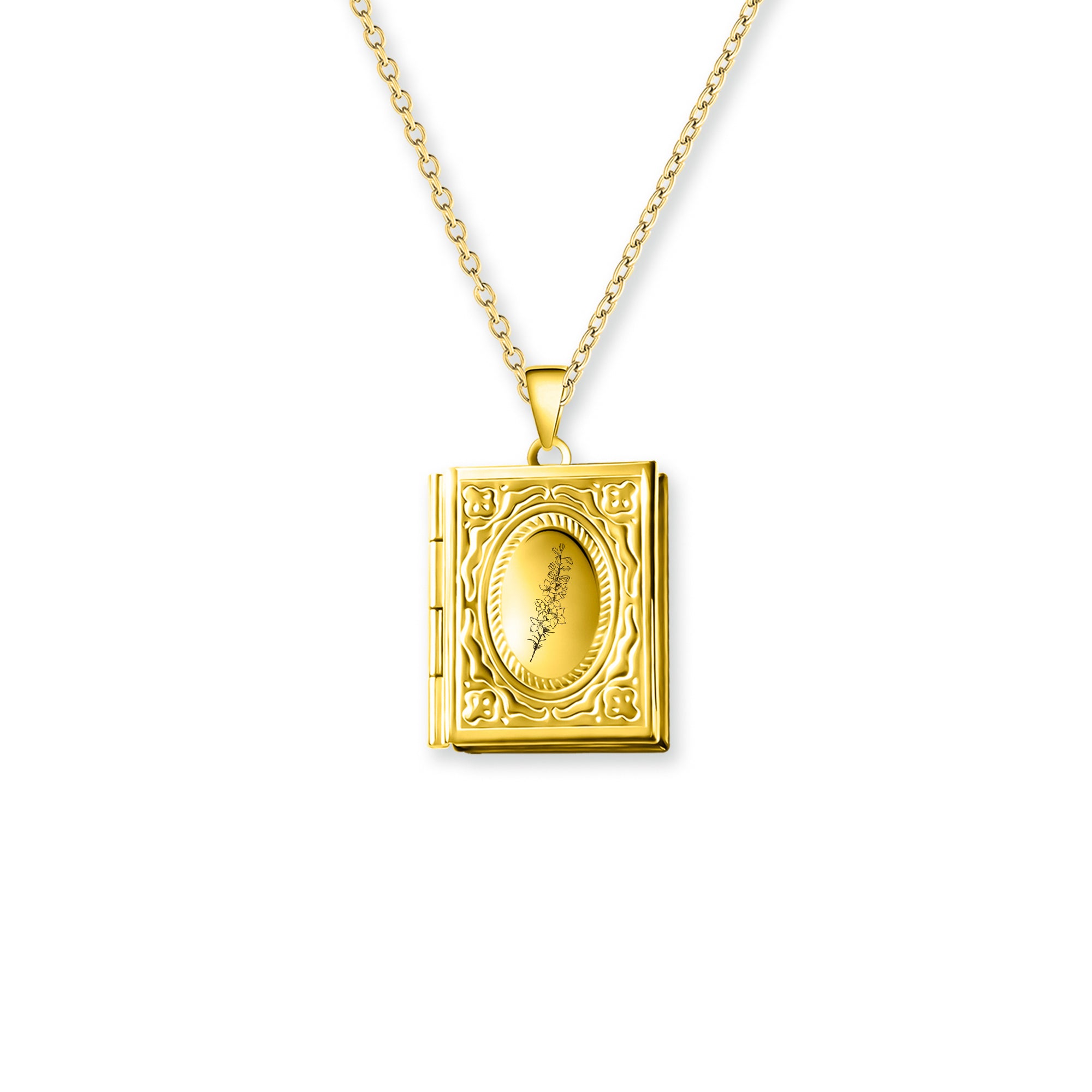 Birth Flower 18K Gold Vintage Square Locket Necklace
