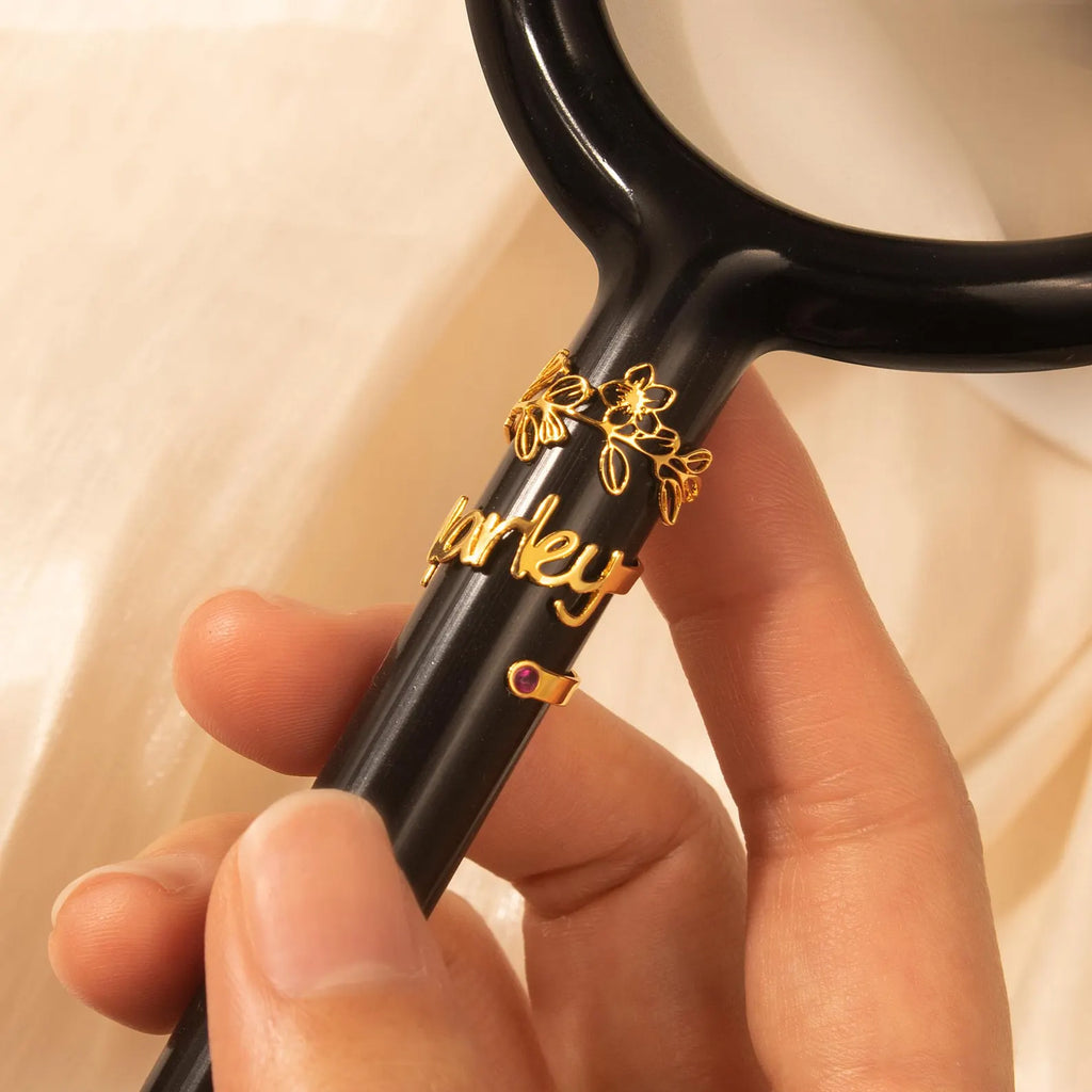 Custom Stethoscope Name Tag with Birth Flower with Birthstone