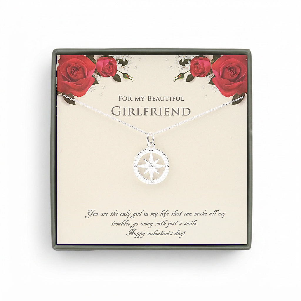 "For my Beautiful Girlfriend" Valentine's Day Card and Compass Necklace