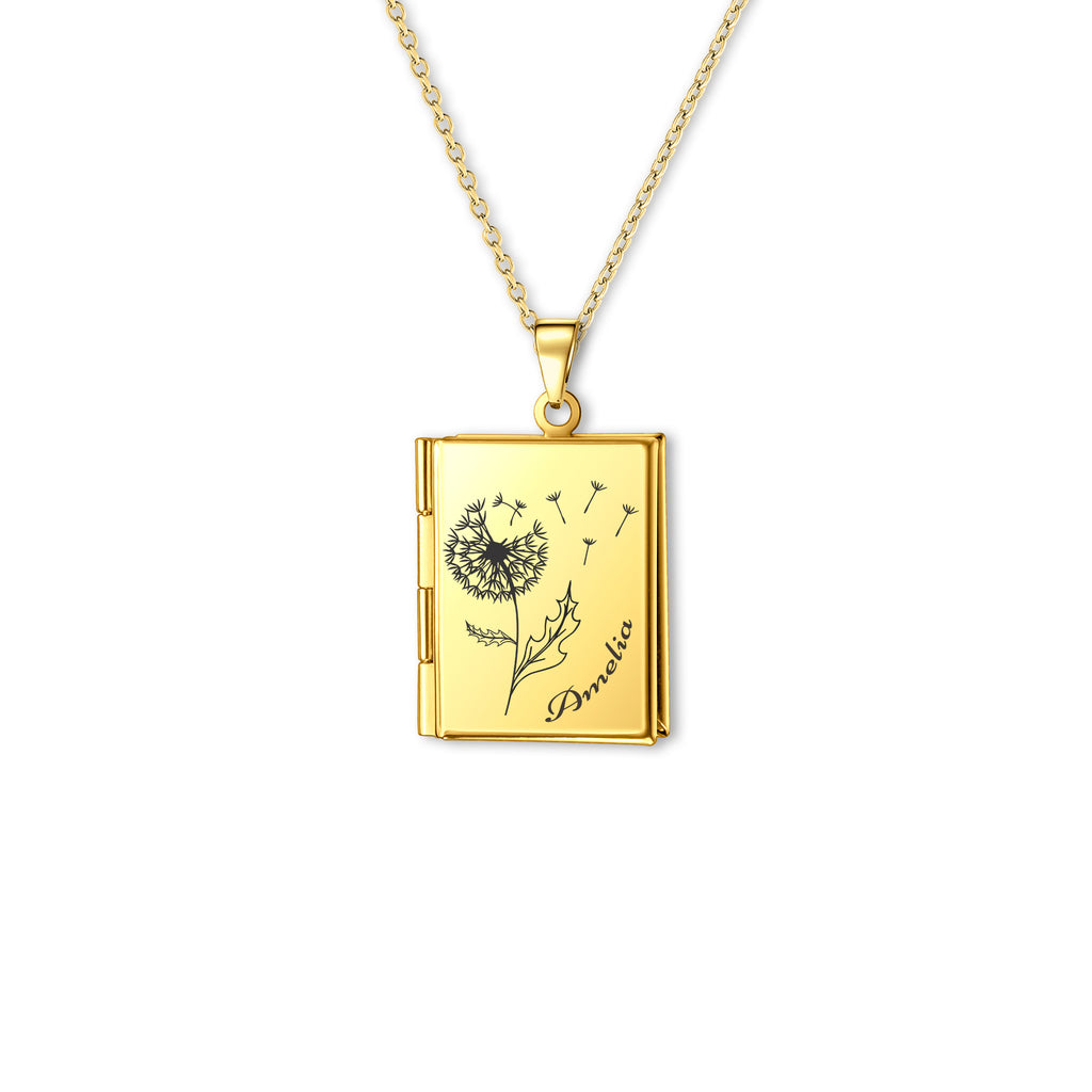 Square Birth Flower and Name Photo Locket Necklace