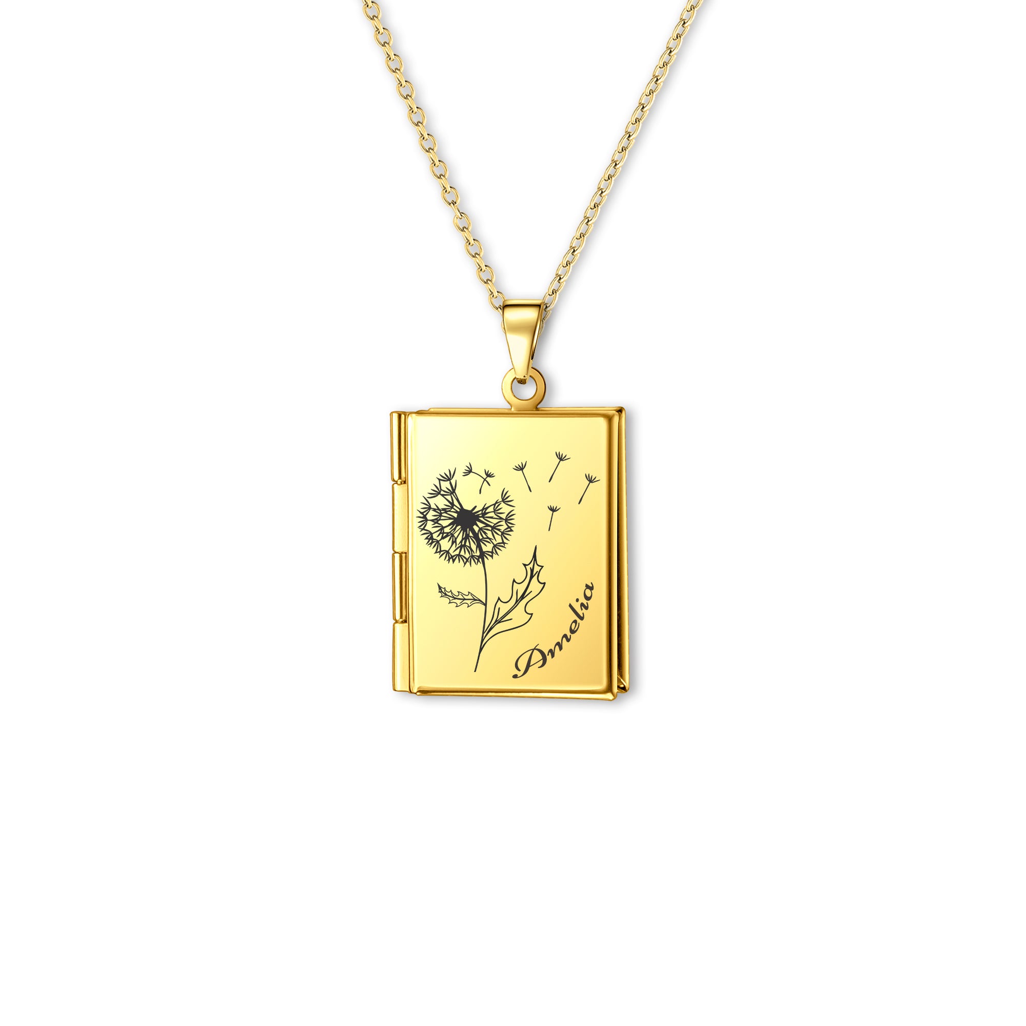 Square Birth Flower and Name Photo Locket Necklace