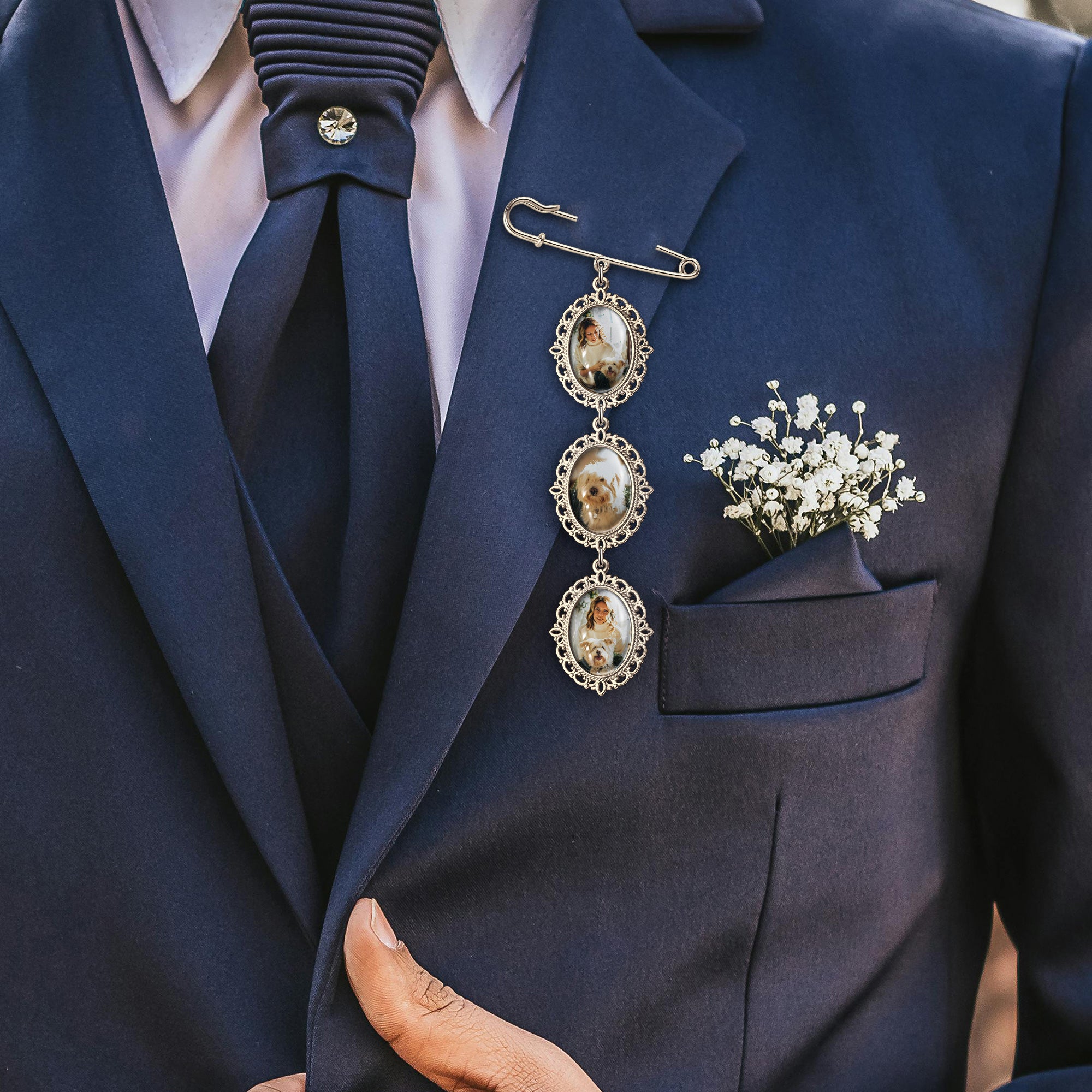 Vertical Pet Memorial Oval Photo Brooch Pin