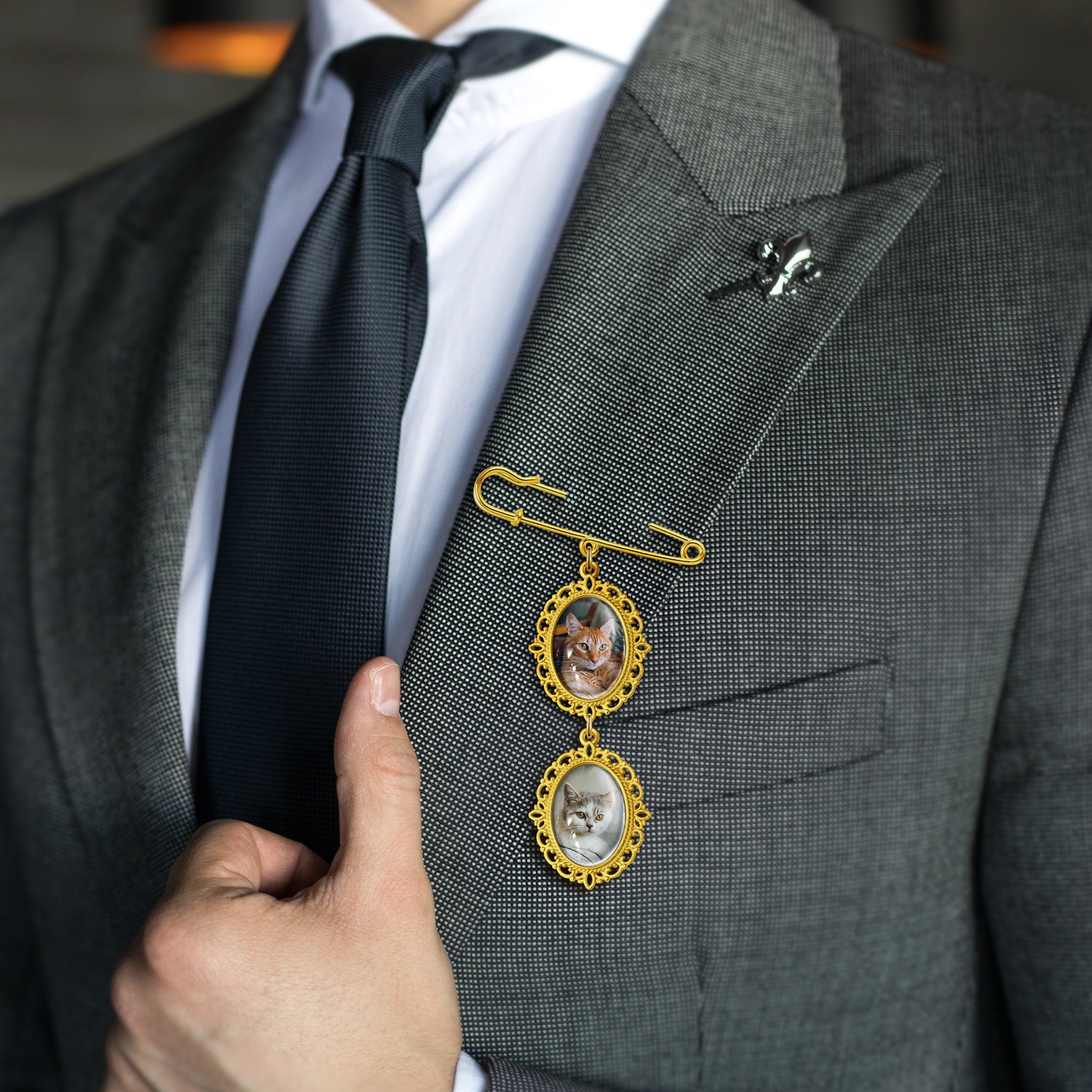 Vertical Pet Memorial Oval Photo Brooch Pin