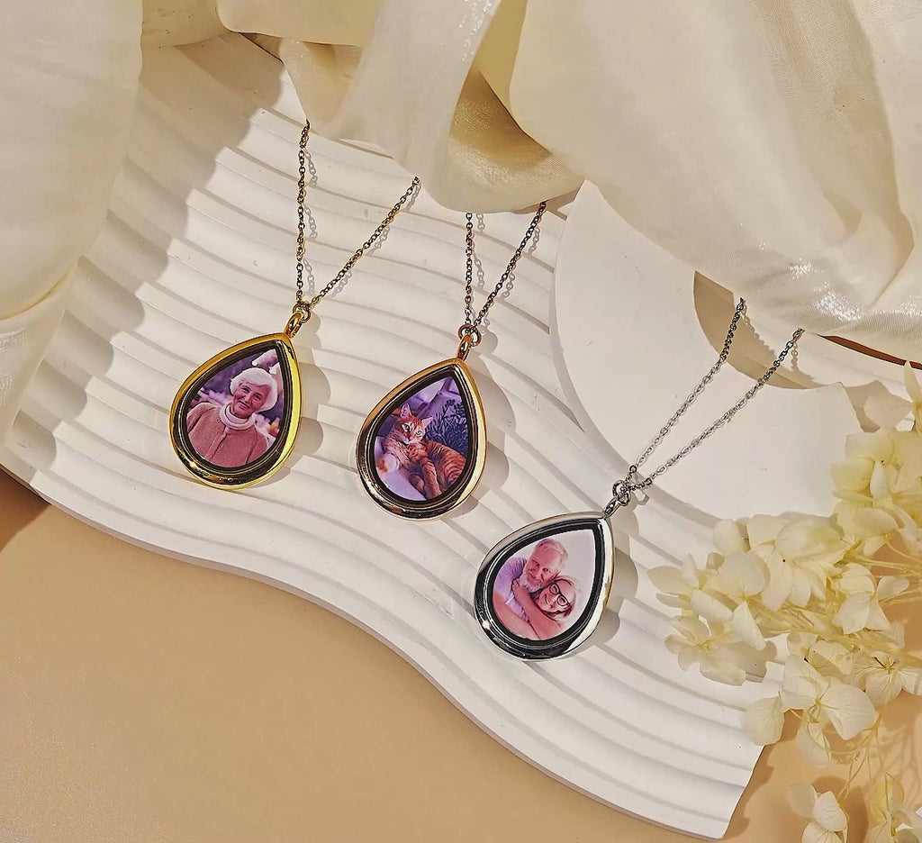 Teardrop Glass Photo Locket Necklace