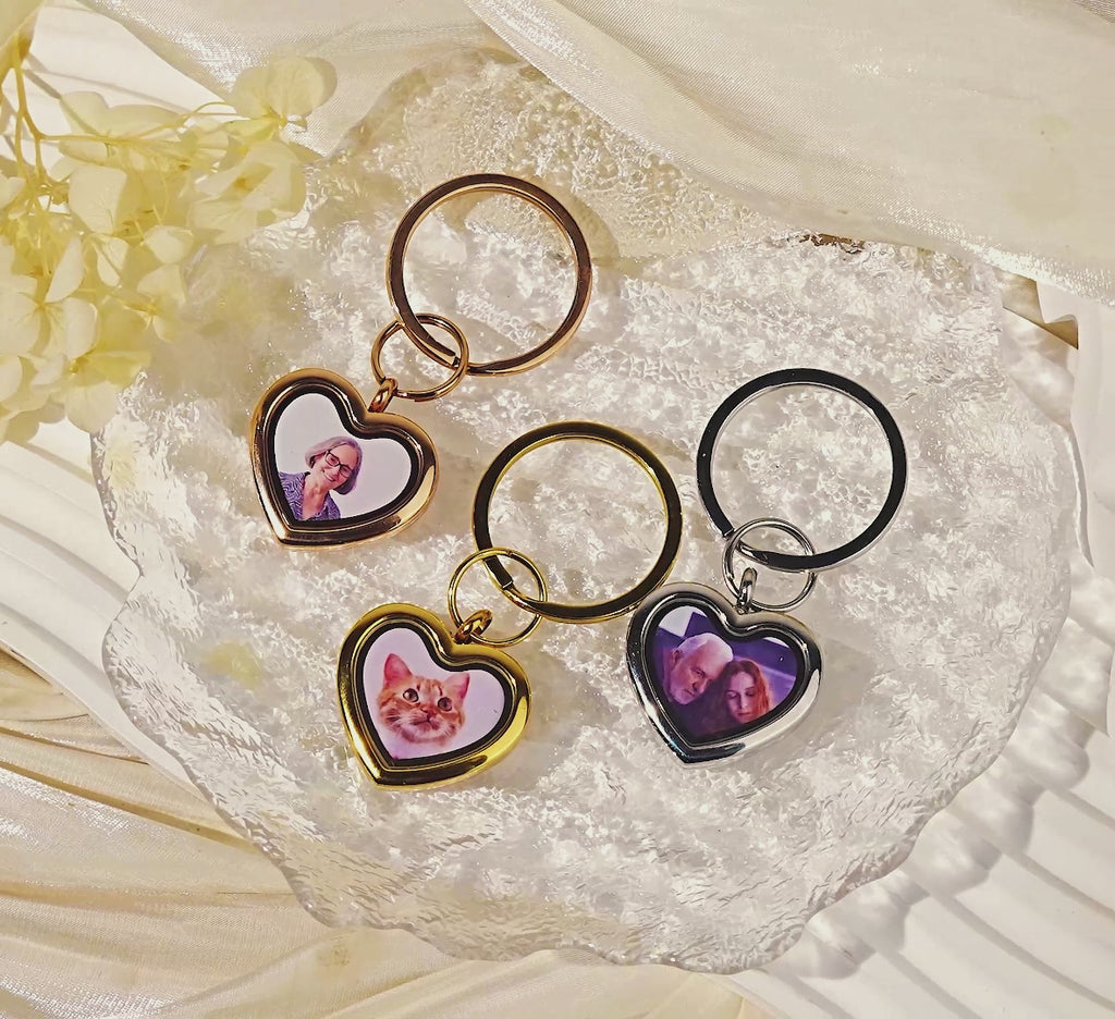 Glass Heart Photo Locket Memorial Keychain