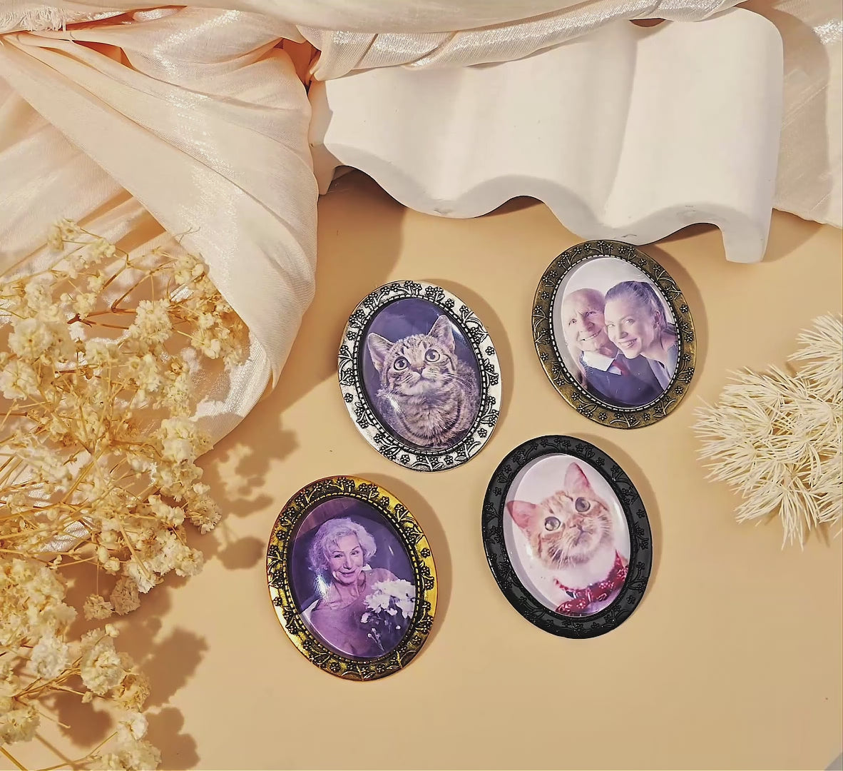 Vintage Oval Floral Pet Memorial Photo Brooch