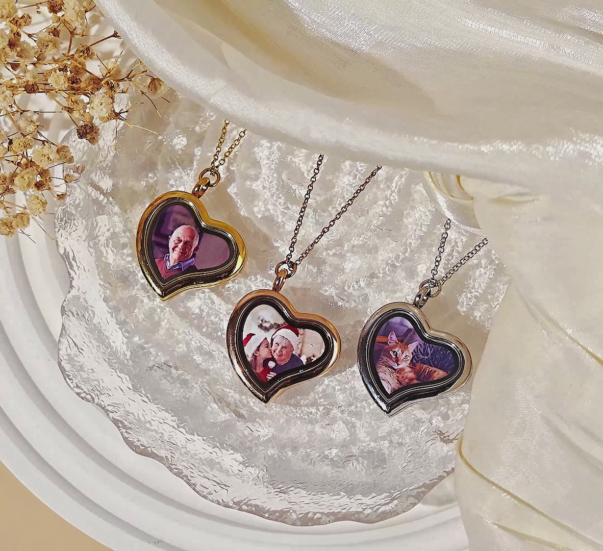 Glass Sideways Heart Photo Locket Necklace