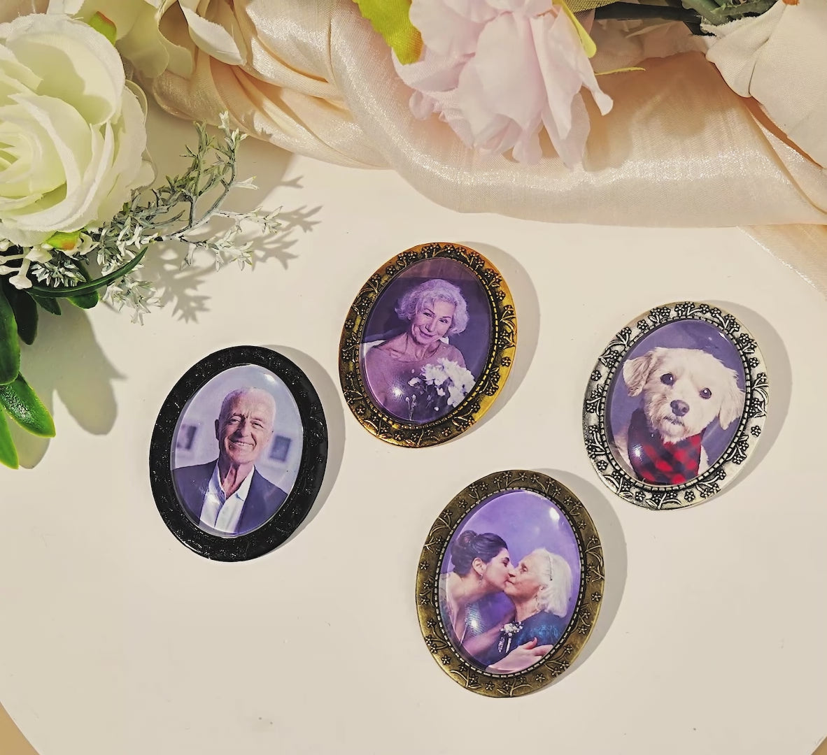 Vintage Oval Floral Memorial Graduation Photo Brooch